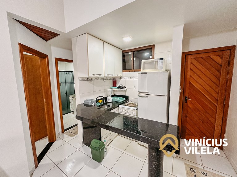 Flat com 1 quarto com ar split, sala e cozinha completa acom