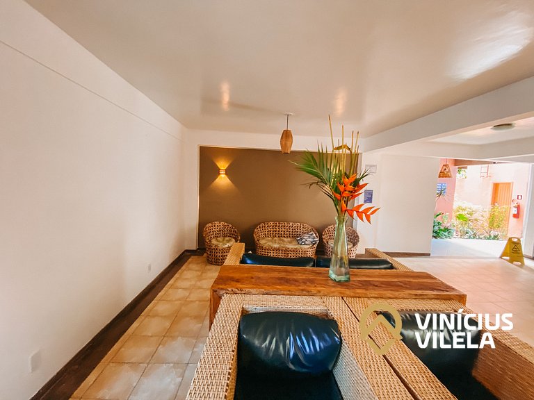 Flat 1 com quarto frente praia de Taperapuã