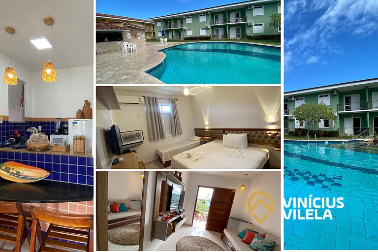 Flat 1 com quarto frente praia de Taperapuã