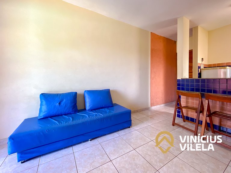 Flat 1 com quarto frente praia de Taperapuã