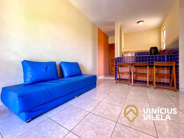 Flat 1 com quarto frente praia de Taperapuã