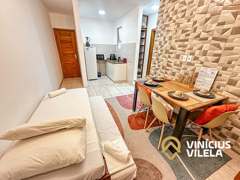 Flat 1 com quarto frente praia de Taperapuã