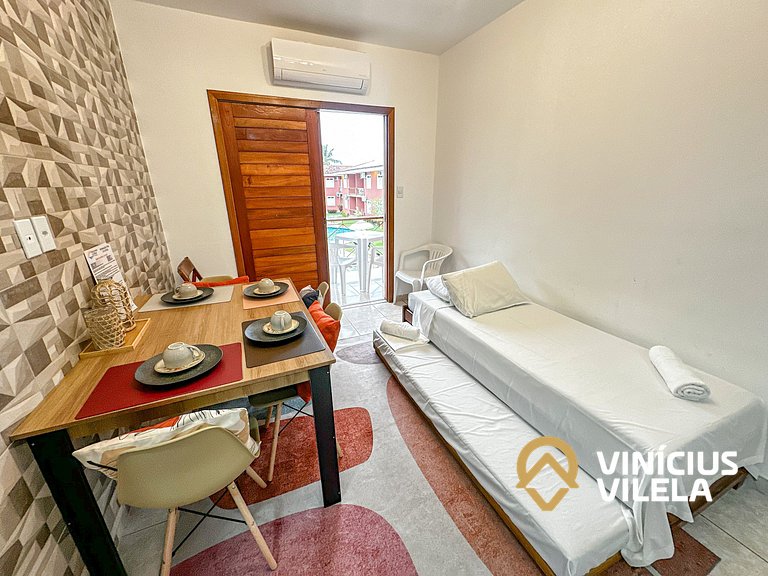 Flat 1 com quarto frente praia de Taperapuã